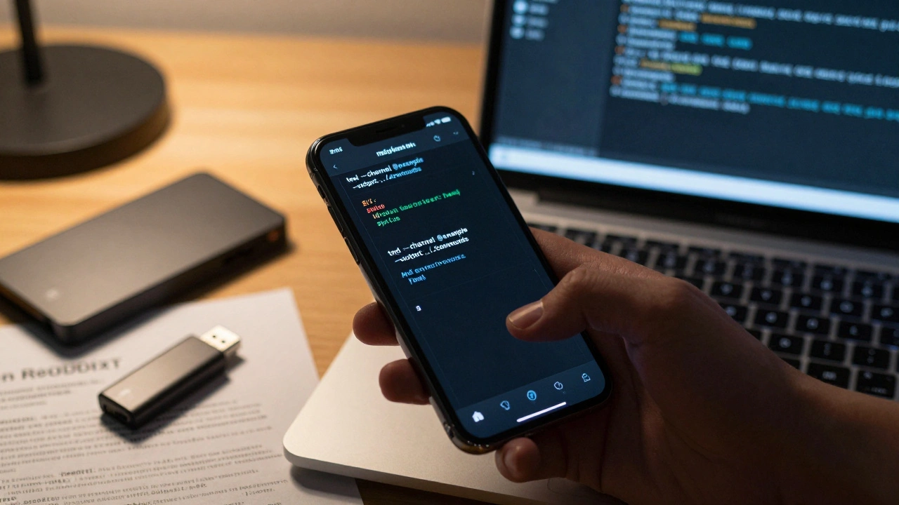 Рука держит телефон рядом с ноутбуком, на экране которого видна команда экспорта Telegram.