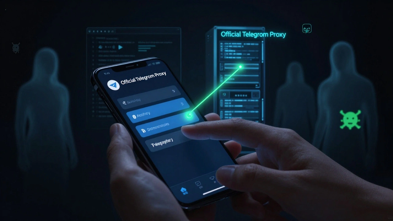 Рука настраивает прокси в Telegram на телефоне, соединяясь с официальным сервером, в то время как фишинговые сайты исчезают.