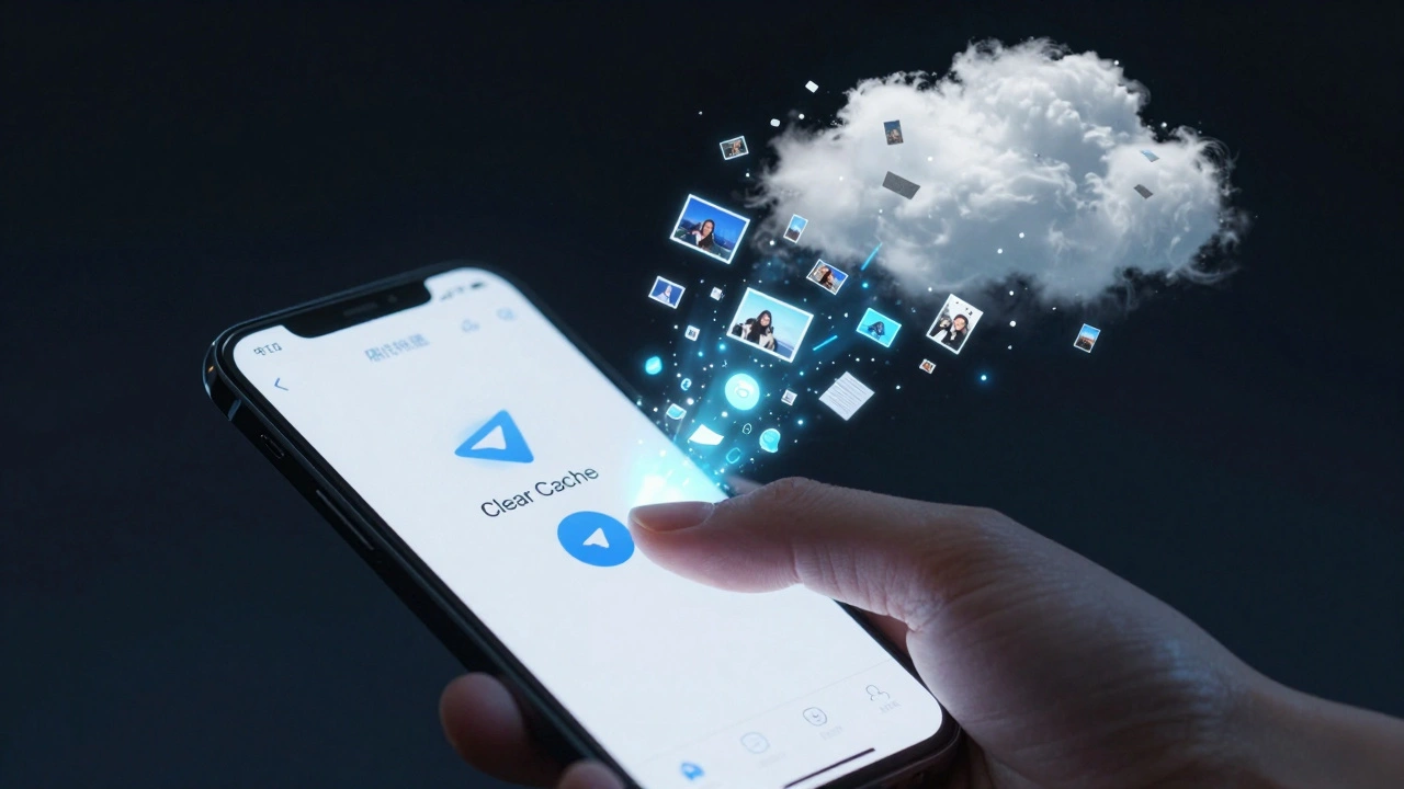 Рука нажимает кнопку очистки кэша в Telegram, а автоматически скачанные файлы исчезают в облаке.