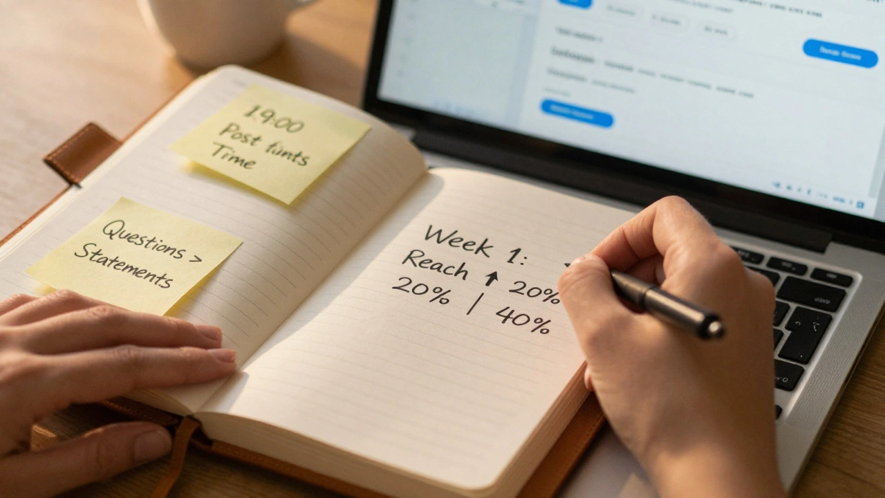 Рука пишет в блокноте рядом с ноутбуком, на котором видна аналитика Telegram.