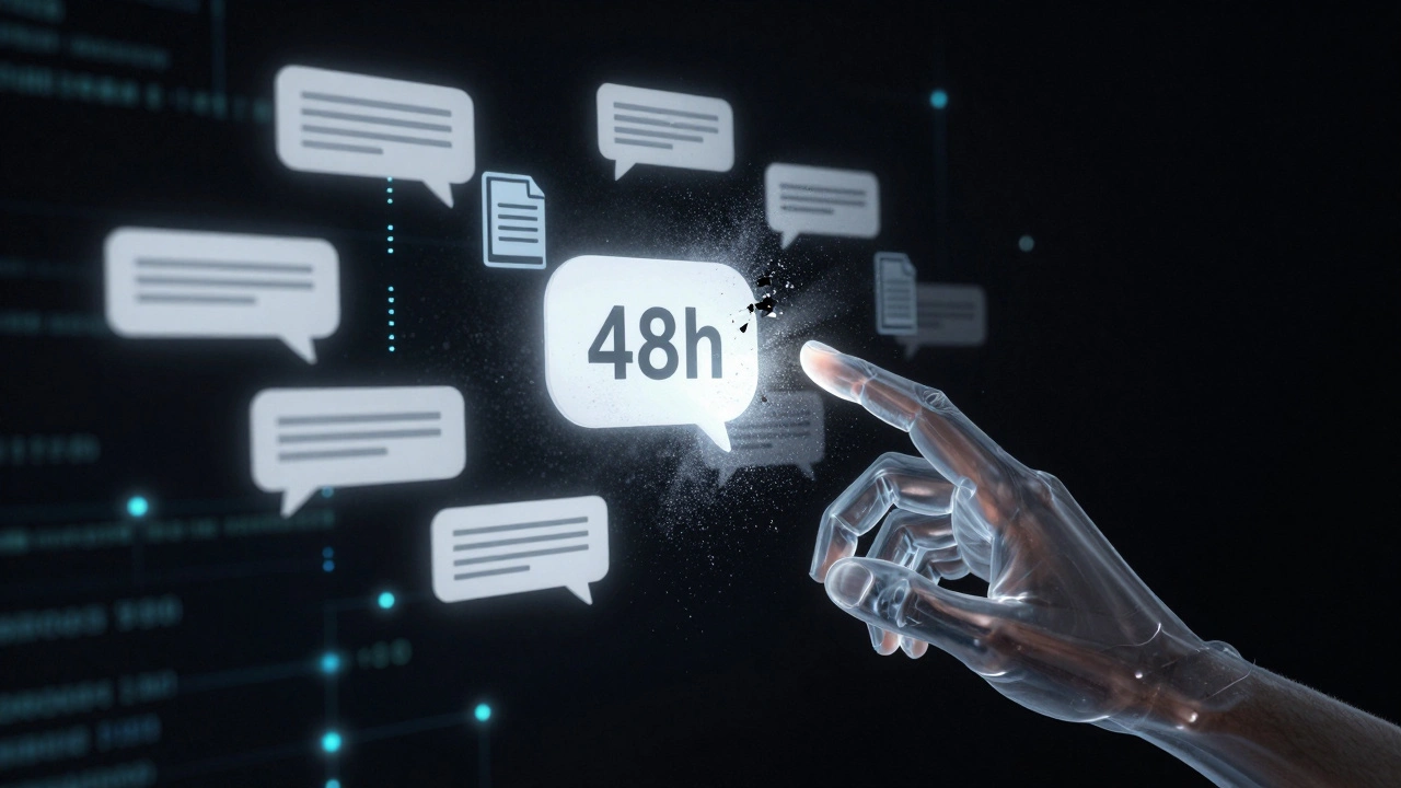 Рука стирает цифровые сообщения из облака данных, символизируя временное окно удаления.