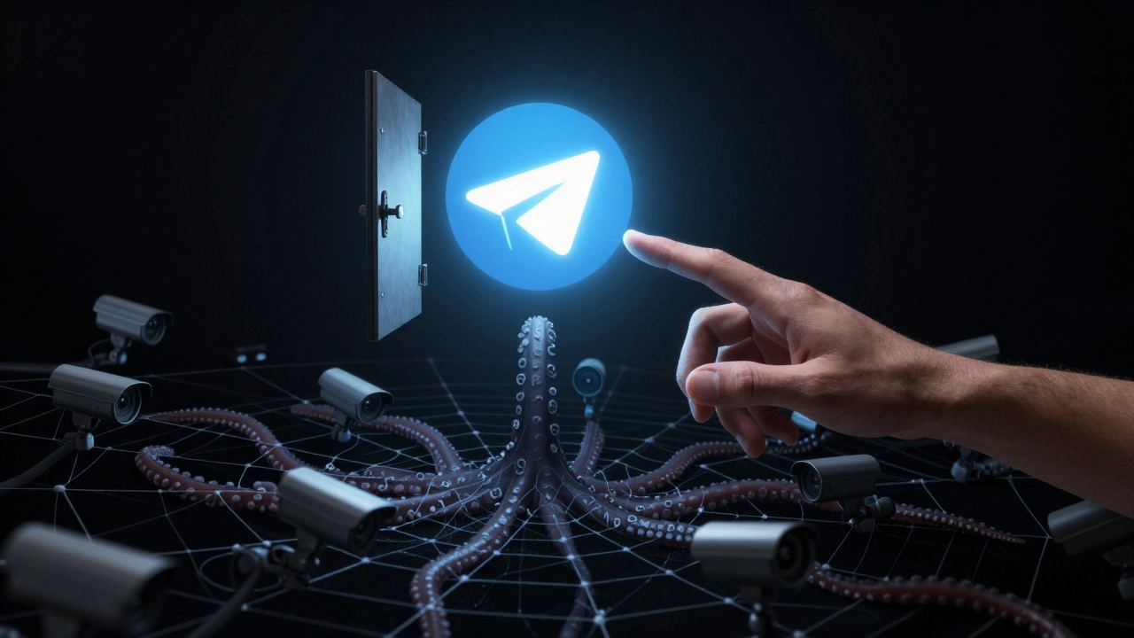 Рука тянется к Telegram-иконке, которая превращается в ловушку из украденных данных.