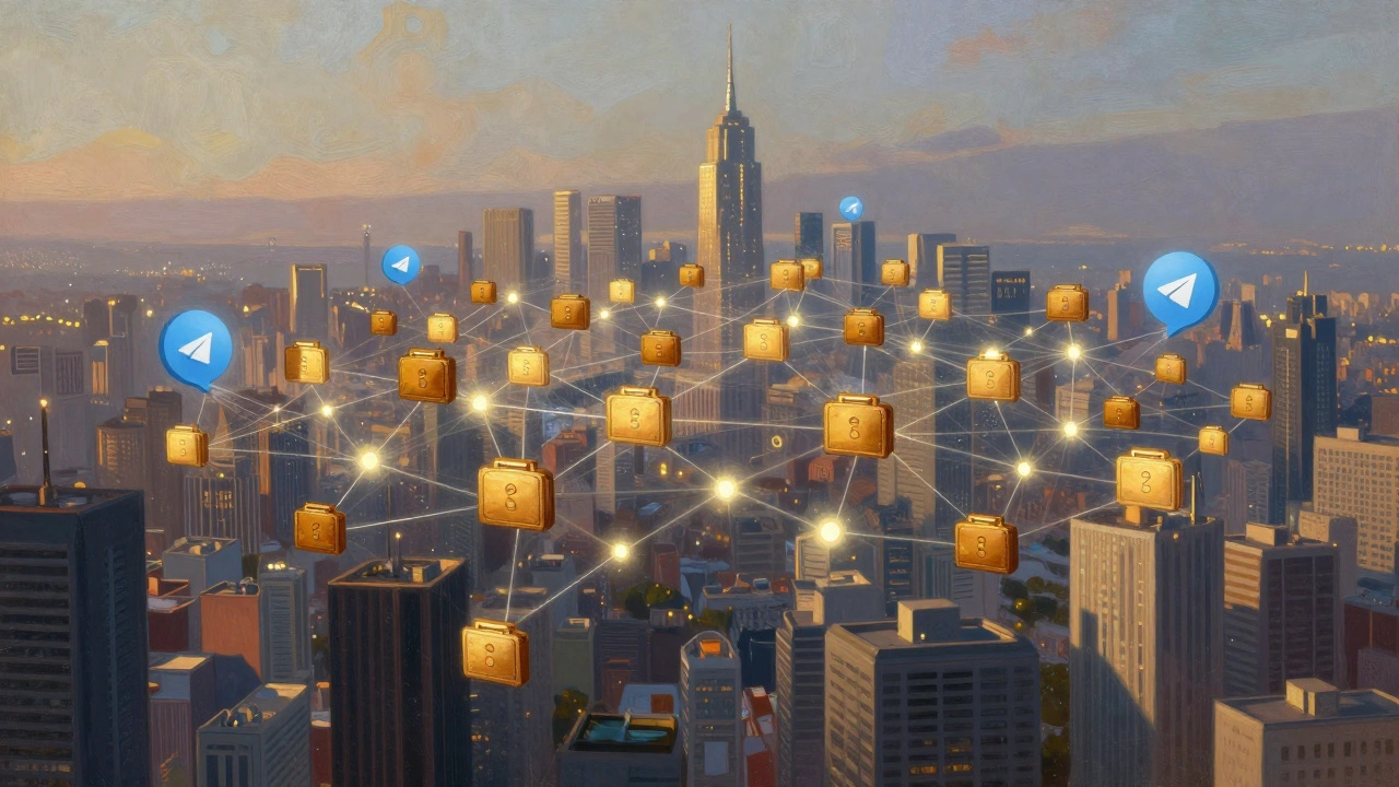 Сеть TON-кошельков соединена светящимися нитями, образуя цифровой город над городским пейзажем.