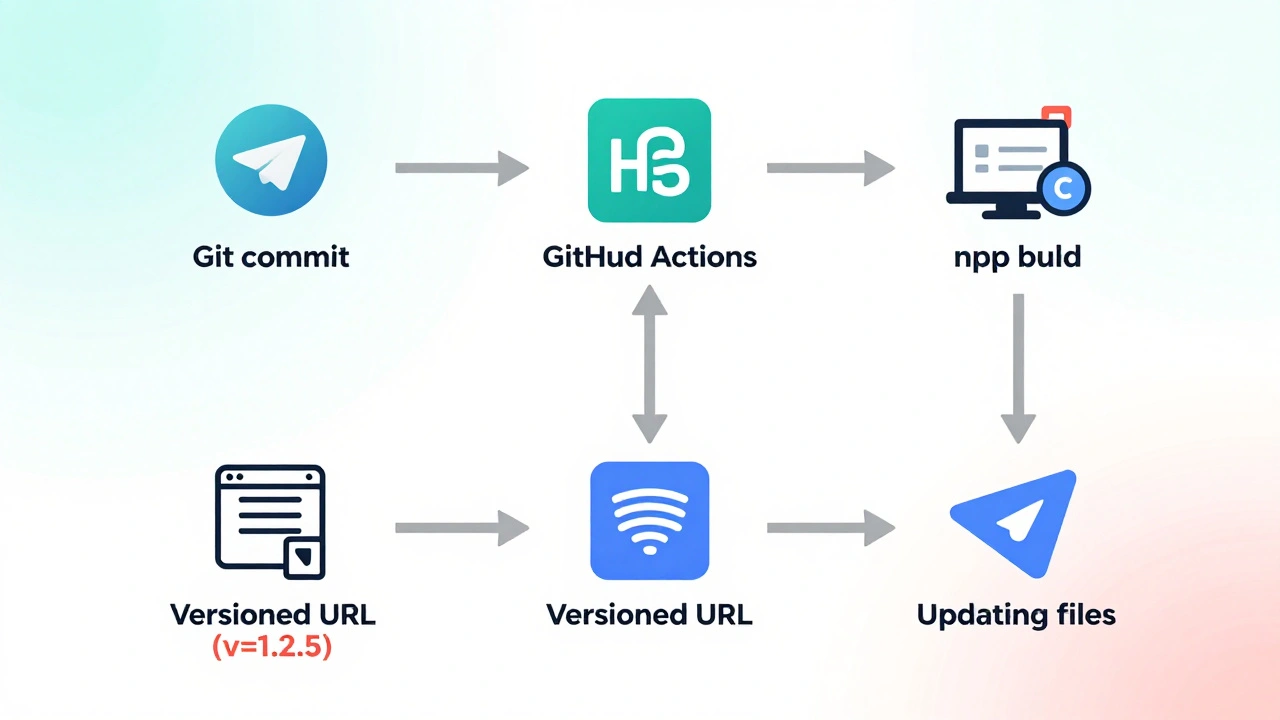 Схема автоматического деплоя Telegram Mini App: коммит → сборка → деплой → обновление через версию в URL.