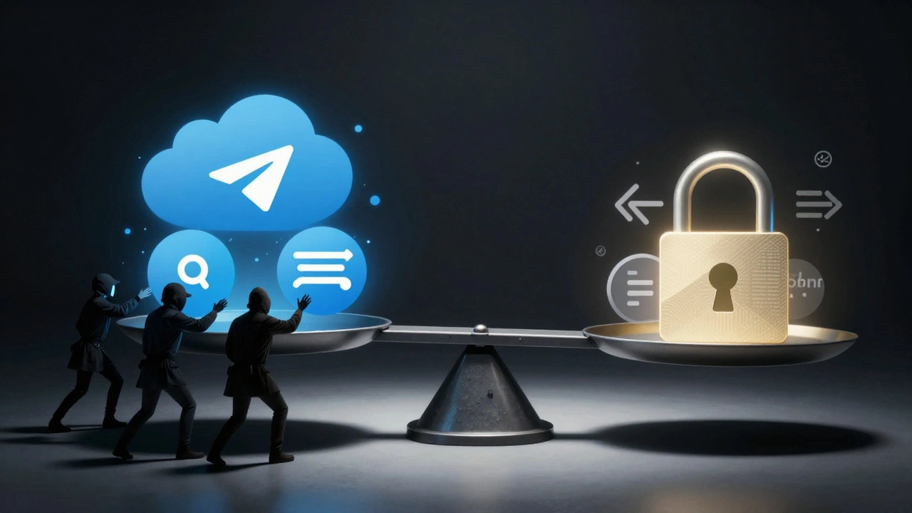 Символическая весы: удобство Telegram против безопасности Signal, с тенями злоумышленников.