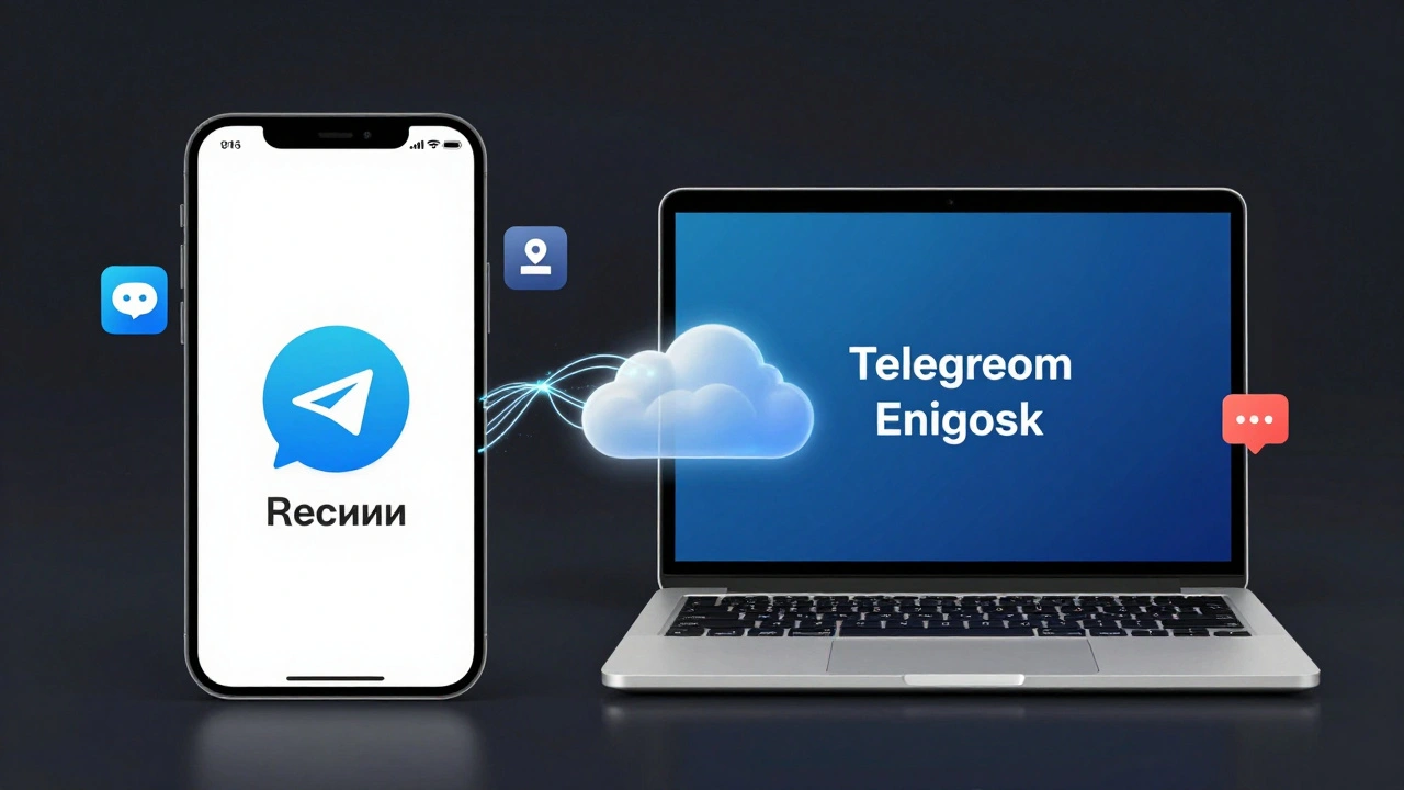 Смартфон и ноутбук с разными языками Telegram, соединённые цифровыми потоками.