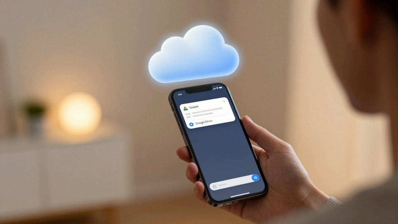 Смартфон с сообщением в Telegram, содержащим ссылку на Google Drive.