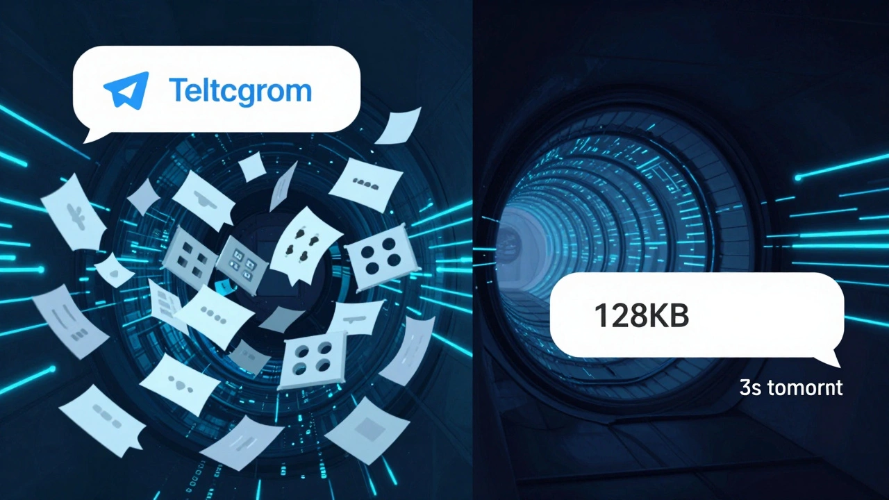 Сравнение двух прокси-туннелей: один переполнен пакетами, другой — плавно передаёт сообщения Telegram.