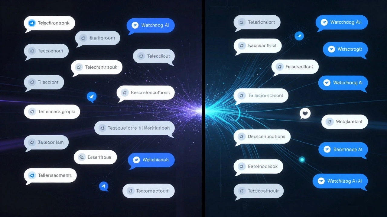 Сравнение хаотичного чата до и после работы AI-модератора: спам исчезает, оставляя чистую переписку.