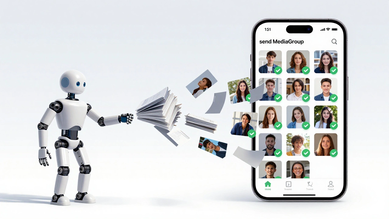 Сравнение массовой отправки фото и групповой отправки через sendMediaGroup.