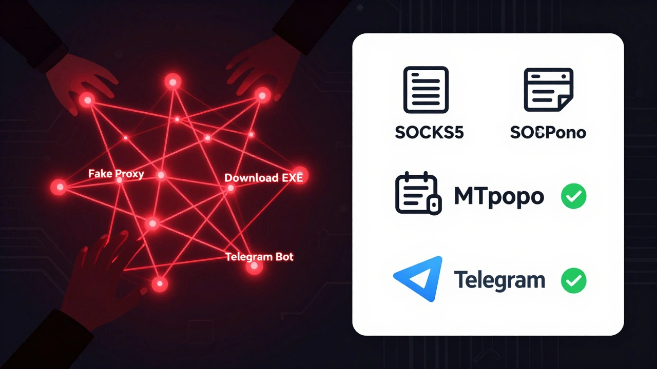 Сравнение опасных фейковых прокси и безопасных официальных источников в виде схематичной иллюстрации.