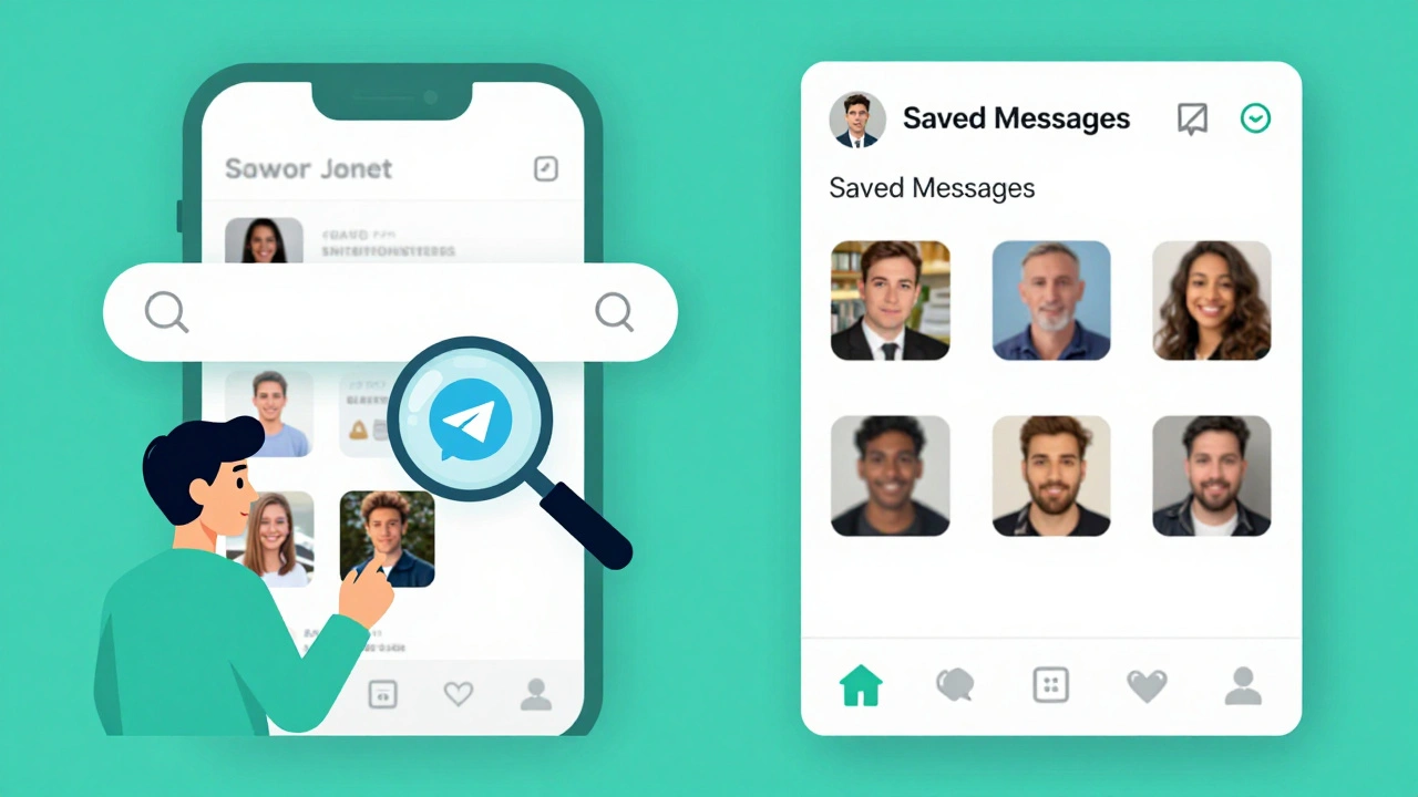 Сравнение поиска удалённых медиа в чате и их появления в 'Сохранённых сообщениях' в интерфейсе Telegram.