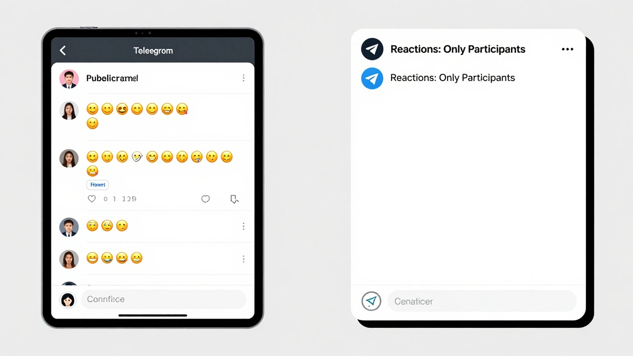 Сравнение публичного канала с хаотичными реакциями и приватного чата без комментариев.