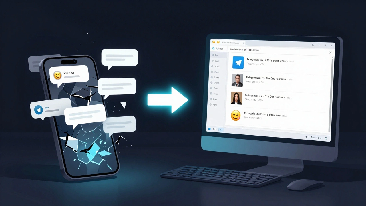 Сравнение разрушающегося телефона и сохранённого чата на компьютере — метафора резервного копирования сообщений.