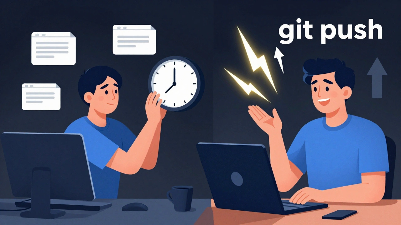 Сравнение ручного и автоматического деплоя: медленный FTP против молниеносного git push.