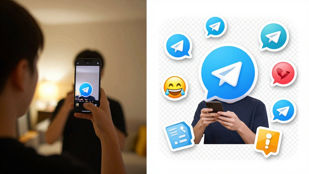 Сравнение: съемка видео слева и готовый стикер Telegram справа с прозрачным фоном.