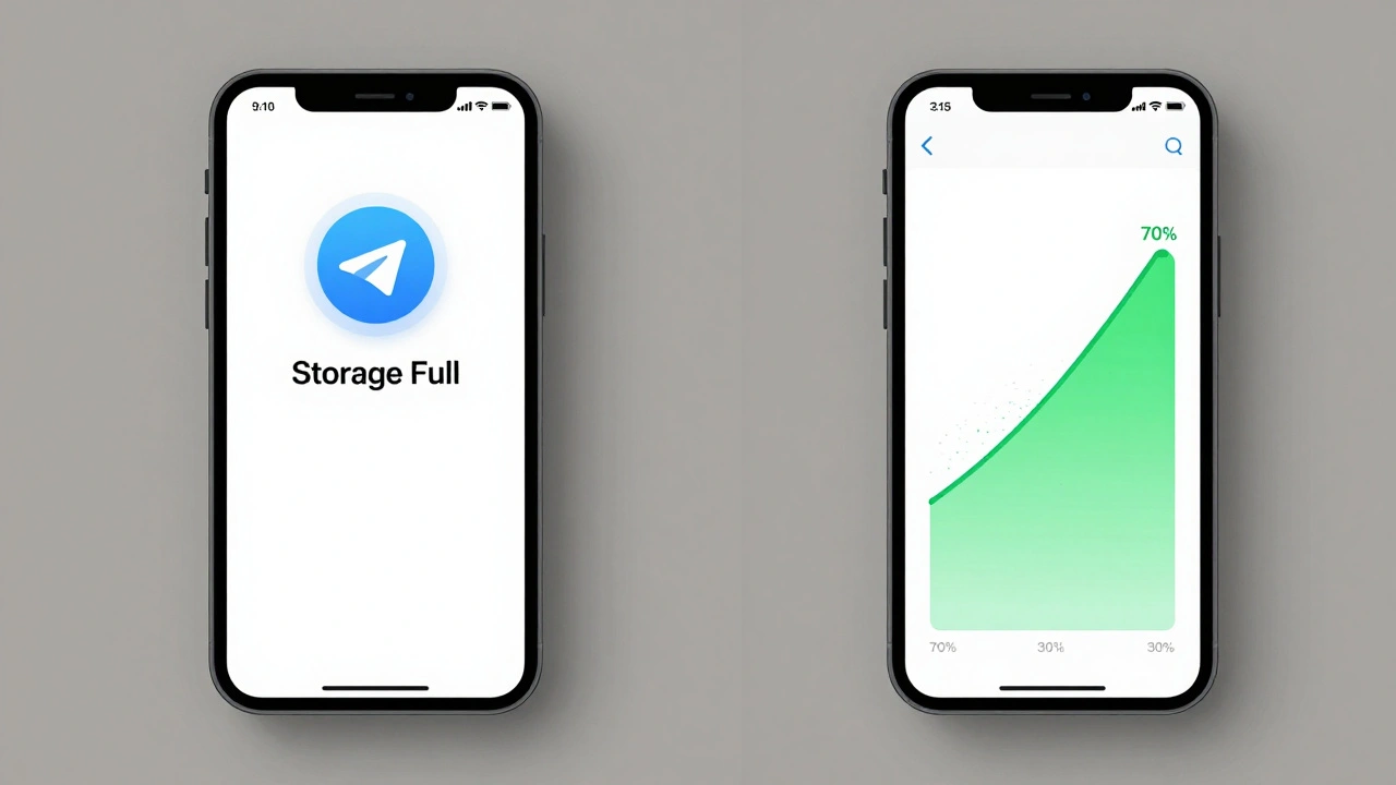 Сравнение загруженного и очищенного хранилища Telegram на экране смартфона с прогресс-баром.
