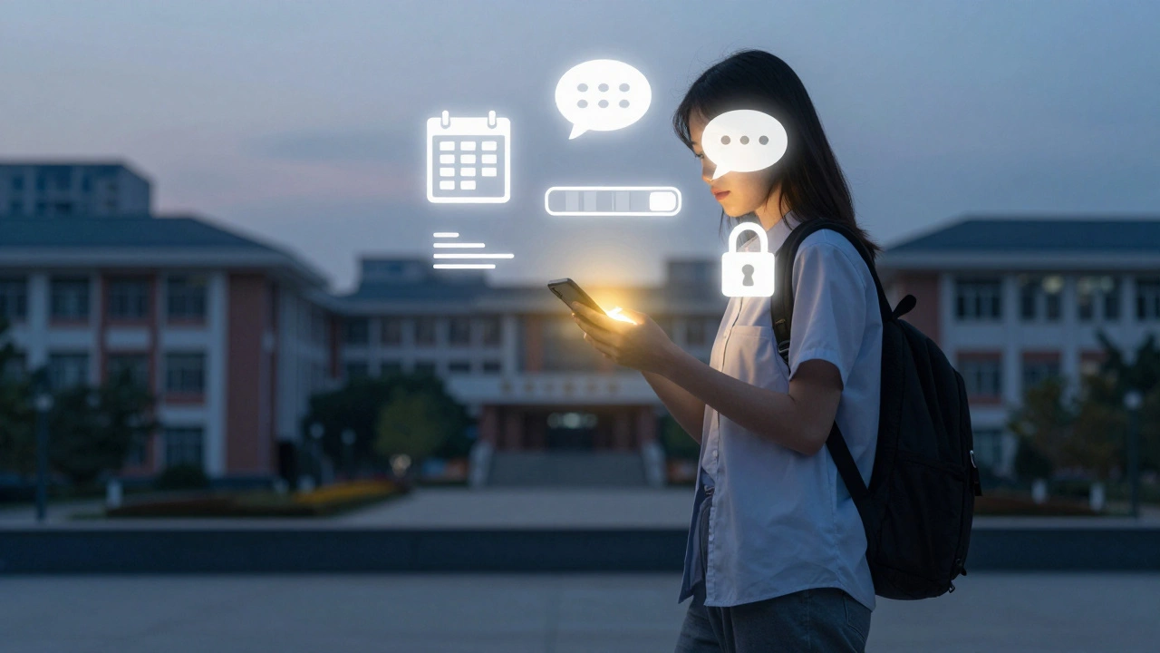 Студент идёт по городу, его телефон излучает световые иконки заданий, голосовых заметок и защиты приватности.