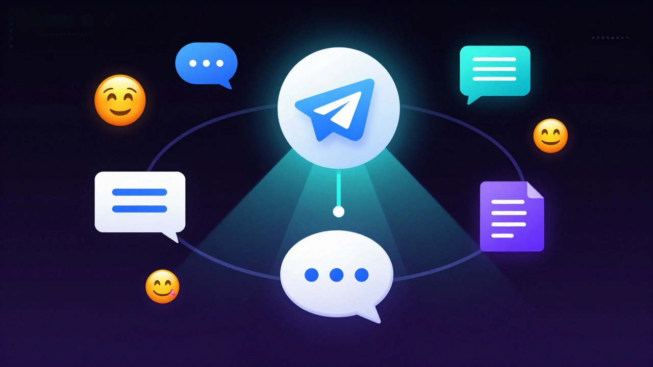 Связь канала Telegram с группой обсуждения через световые потоки и эмодзи.