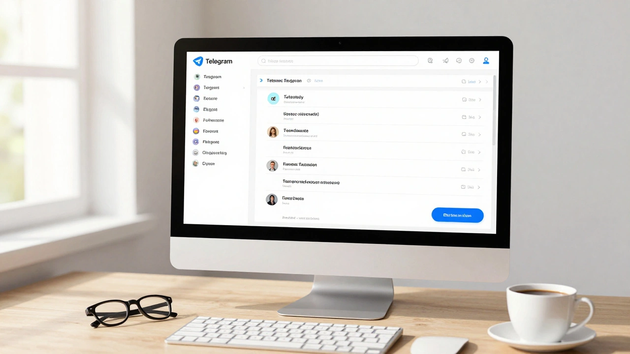Светлый режим Telegram на компьютере утром с солнечным светом и кофе на столе.