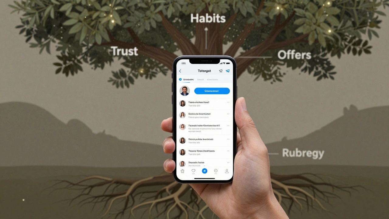 Телефон с активным Telegram-каналом и растущим деревом, символизирующим доверие и привычку