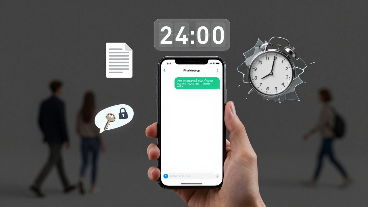 Телефон с последним сообщением и таймером обратного отсчета, вокруг — символы утраченной ценности и доступа.