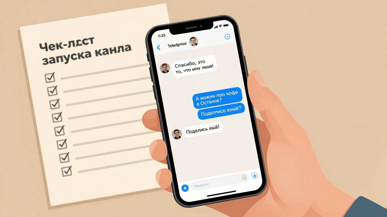Телефон с реальными сообщениями благодарностей в Telegram-канале, на стене — чек-лист.