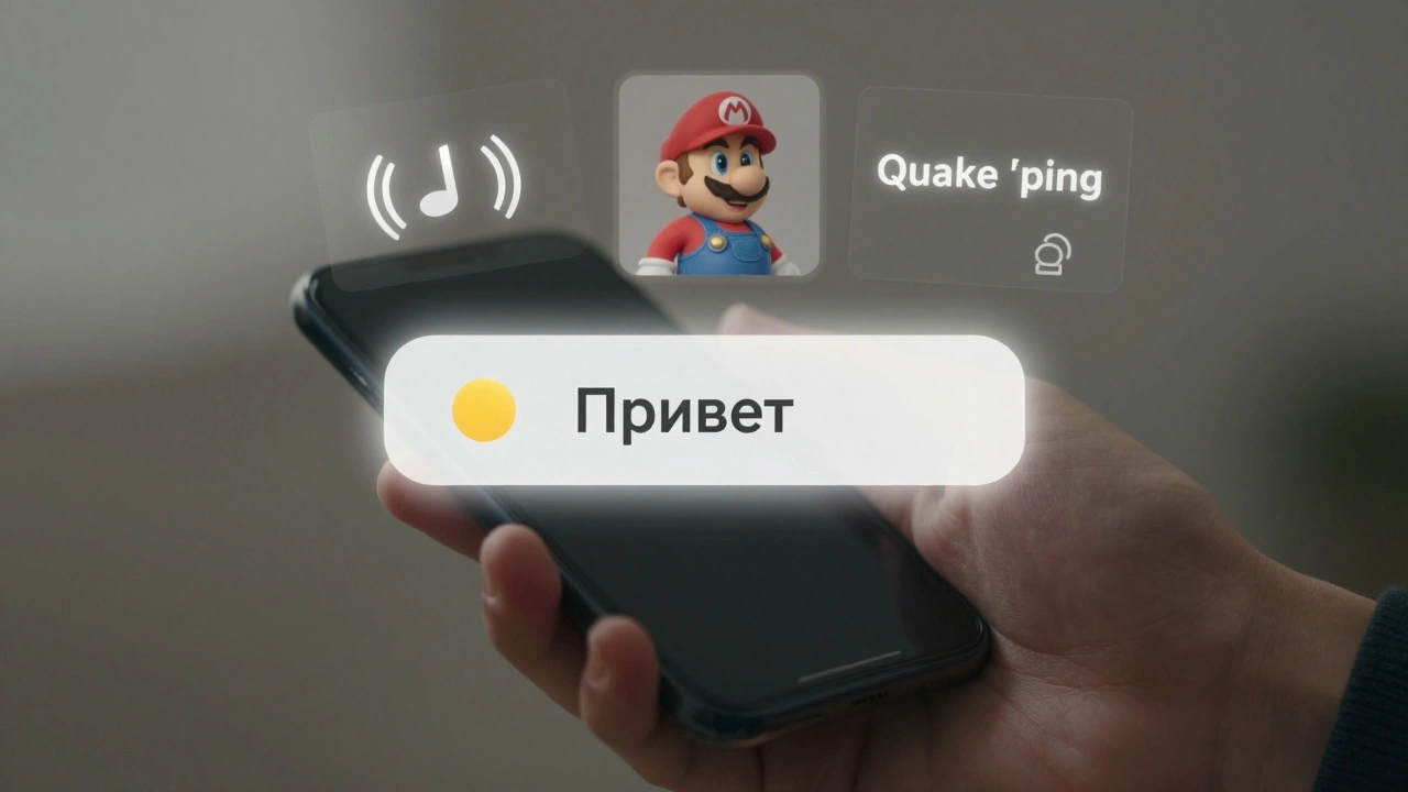 Телефон с уведомлением и прозрачными аудиоэлементами: мелодия Марио, звук Quake и шепот 'Привет'.