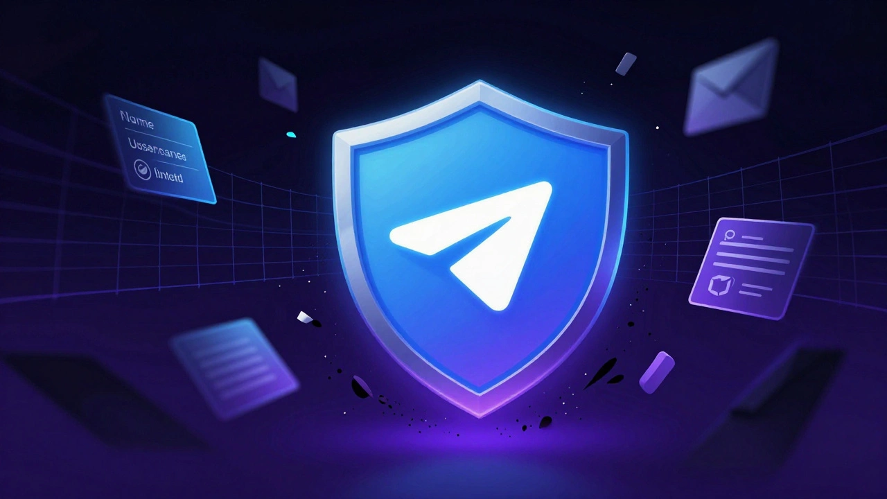Telegram-логотип защищает данные пользователя, а пароли и SMS-коды разрушаются в тени.