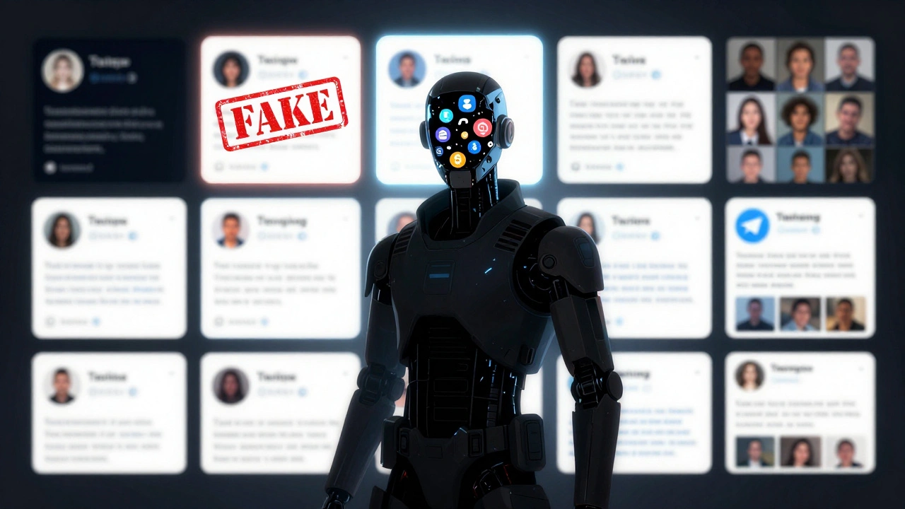 Теневой бот с лицом из иконок соцсетей, стоящий перед сотнями фейковых профилей.