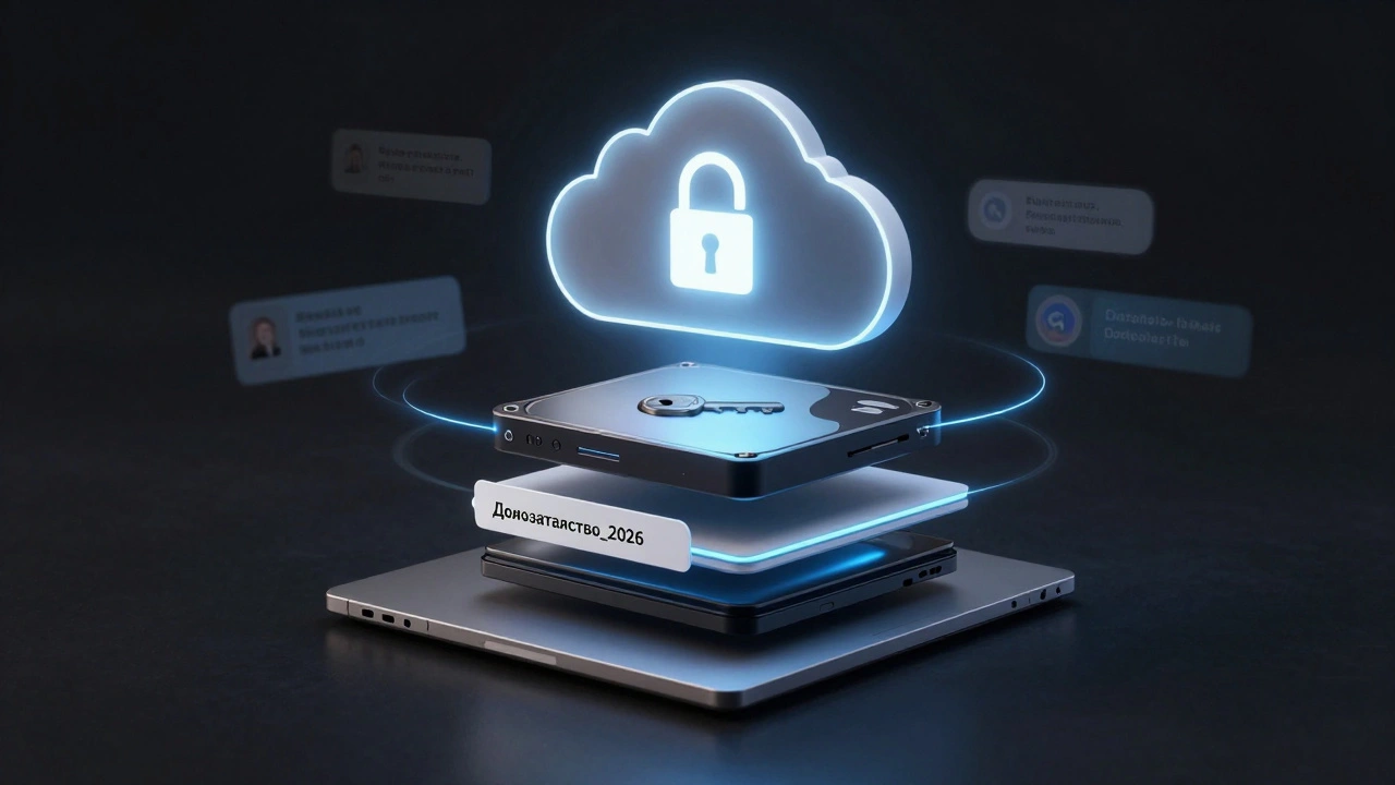 Трёхуровневая система хранения доказательств: компьютер, внешний диск и зашифрованный архив в облаке.