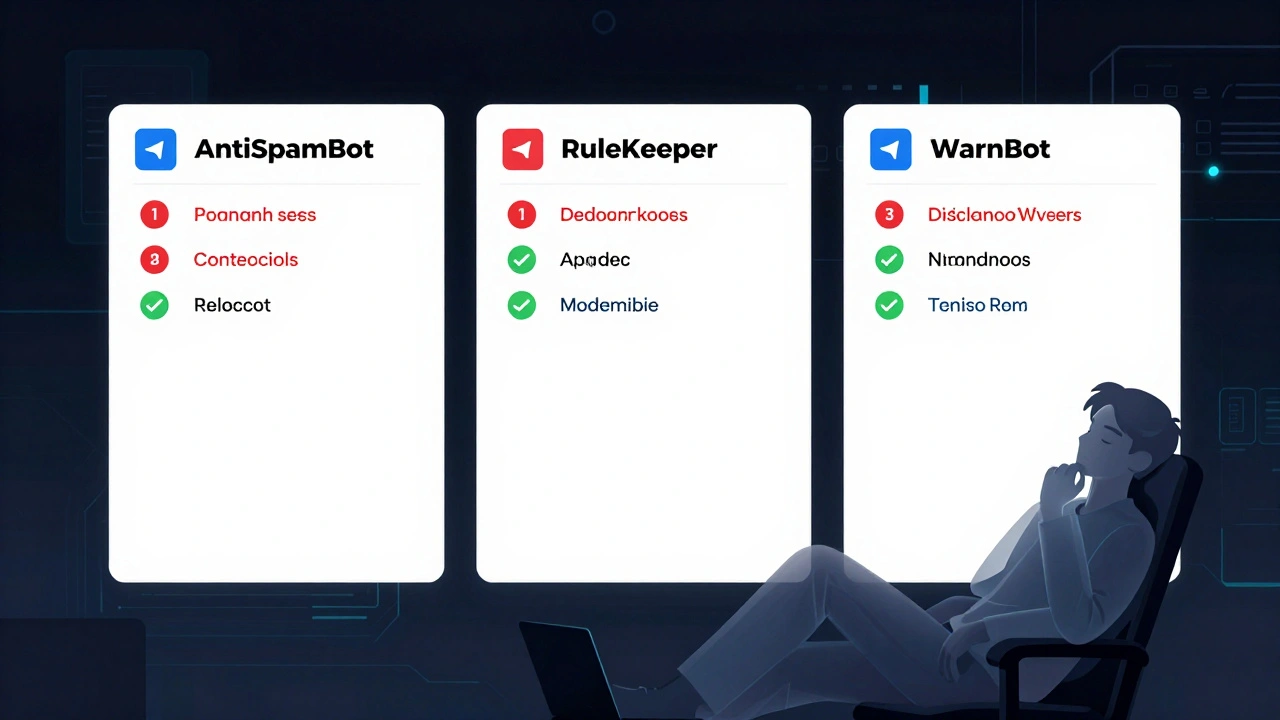 Три бота для модерации Telegram: блокировка спама, удаление запрещённых слов и автоматические предупреждения.