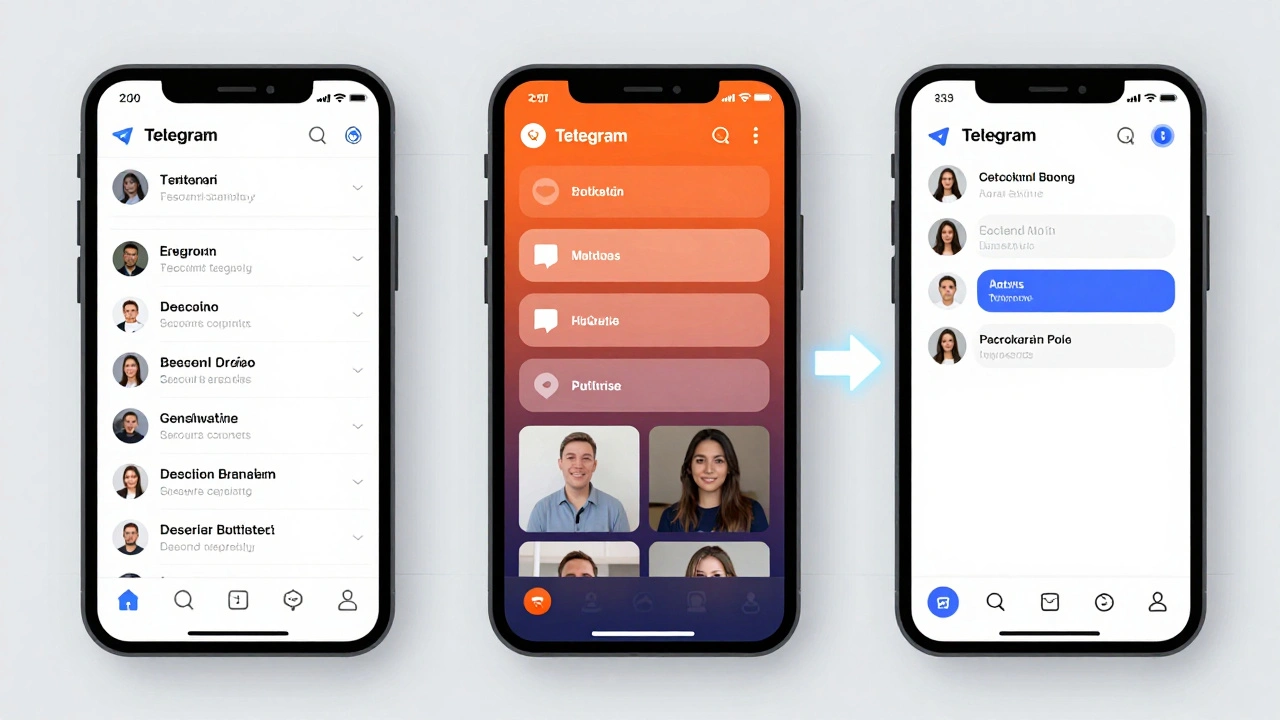 Три интерфейса Telegram: текстовый пост, пост с опросами и бот, отправляющий персонализированные сообщения.