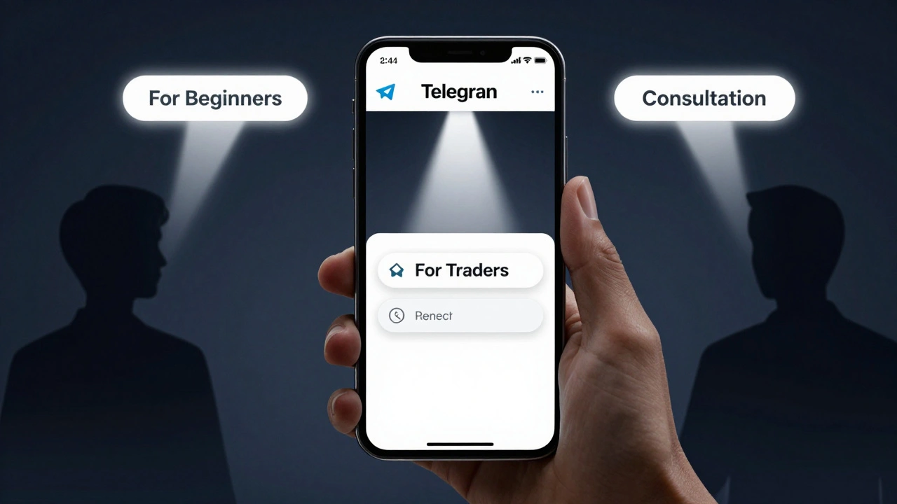 Три персонализированных ссылки в Telegram-посте направляют разных пользователей — новичка, трейдера и клиента — к разным путям.