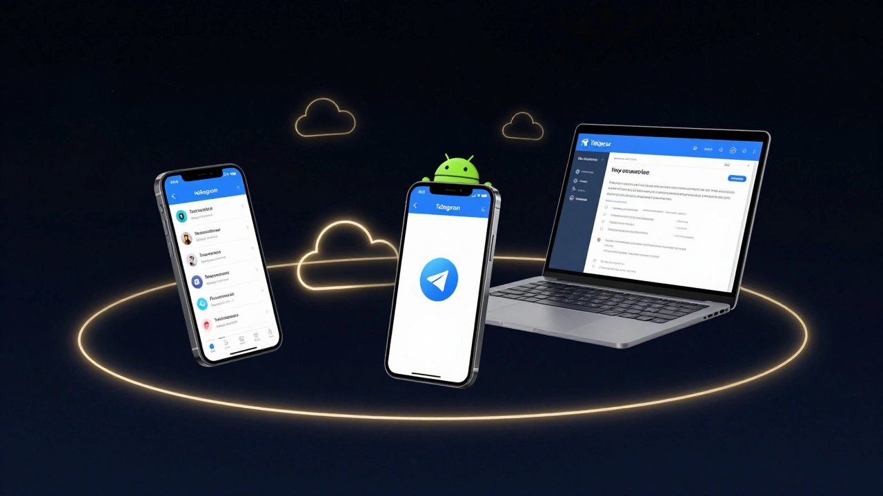 Три устройства — телефон и ноутбук — с интерфейсом Telegram на русском, соединённые светящимися линиями, символизирующие синхронизацию.