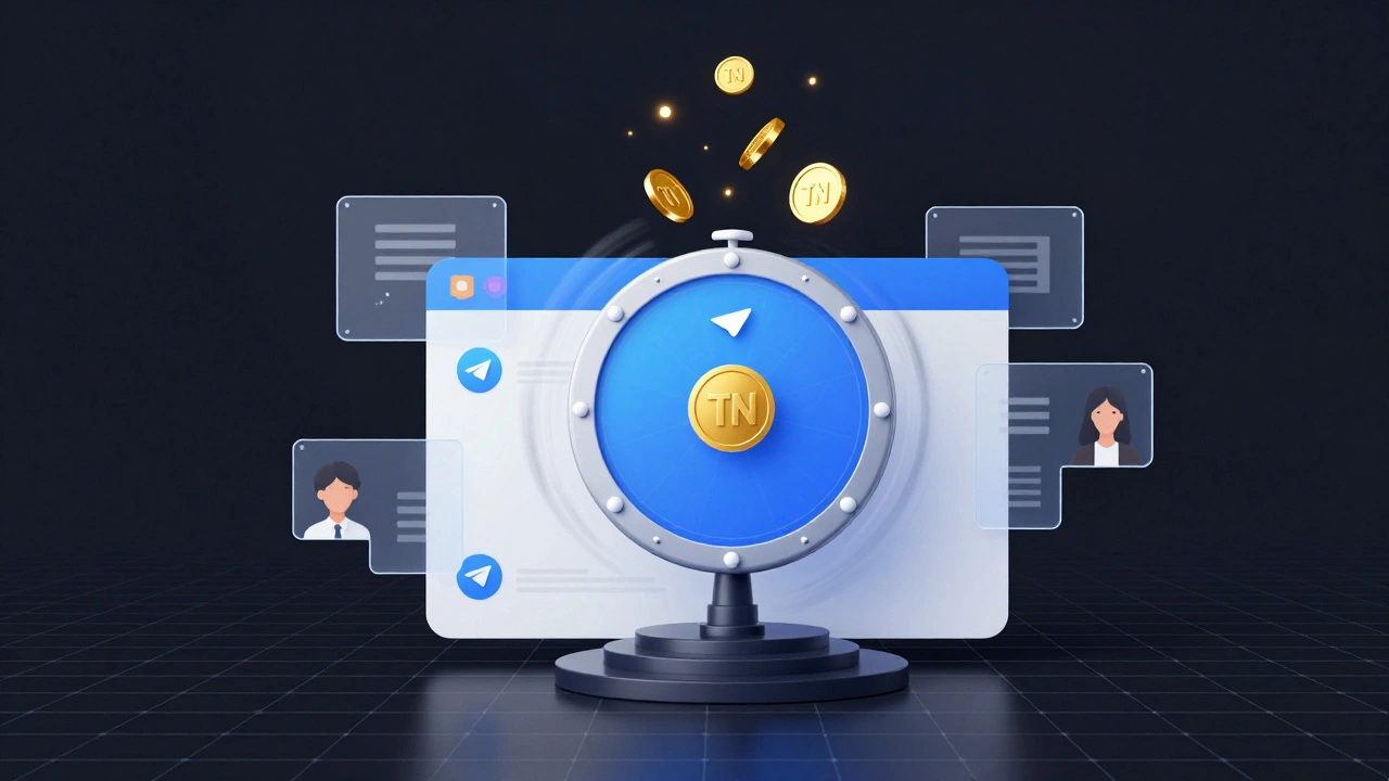Виртуальное колесо в чате Telegram выпадает золотыми TON-токенами, вокруг — код смарт-контракта.