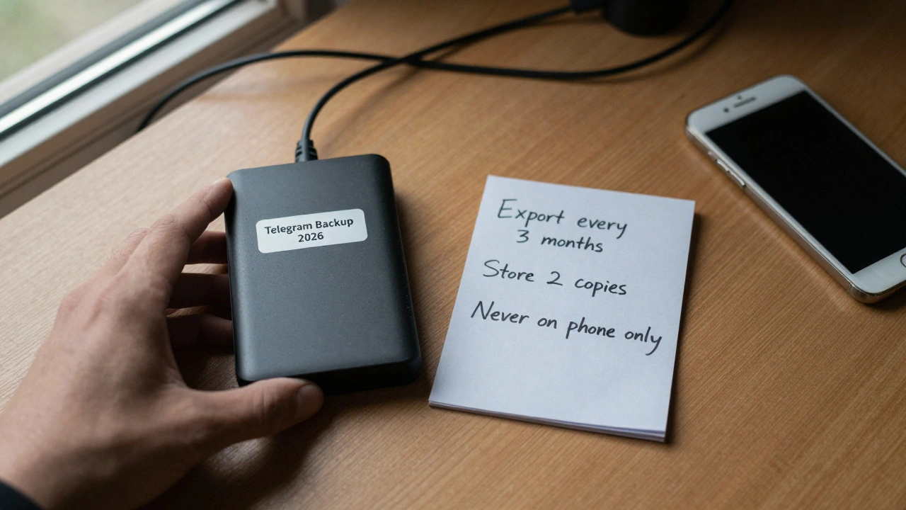 Внешний жёсткий диск с этикеткой 'Telegram Backup' на столе рядом с заметками