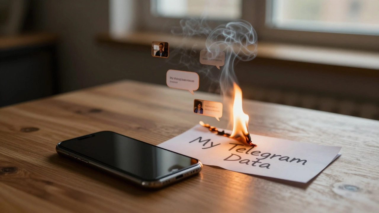 Выключенный телефон и горящий лист с заметками о данных Telegram, дым превращается в исчезающие чаты.