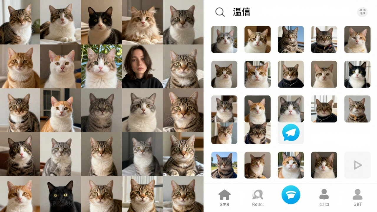 Загруженная галерея телефона с автоматически скачанными файлами Telegram рядом с чистой галереей.