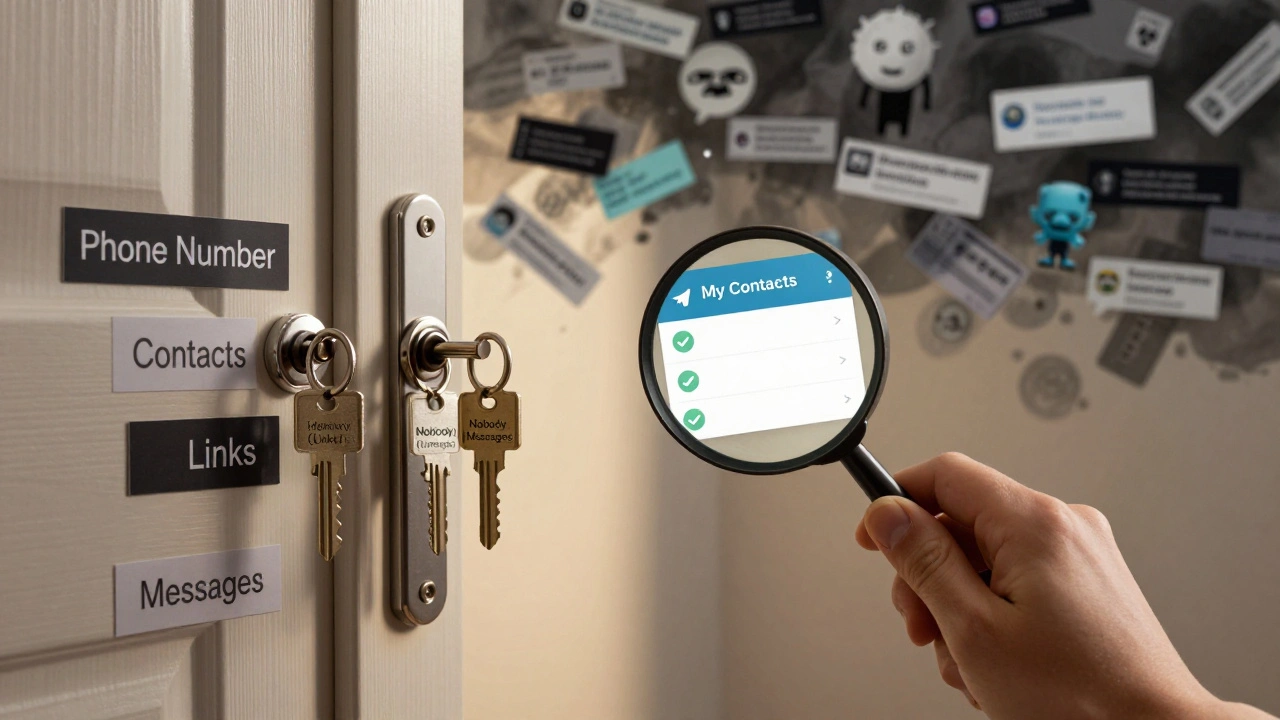 Замок из цифровых элементов, закрытый тремя ключами приватности, за которым — хаос спама, а спереди — безопасный интерфейс Telegram.