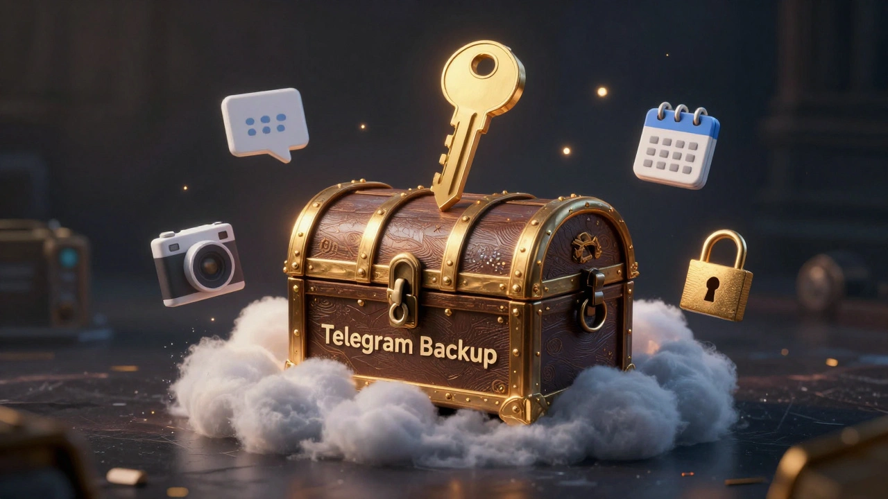 Запертый сейф с резервной копией Telegram внутри облака Google Drive, окруженный значками чатов и ключом в виде номера телефона.