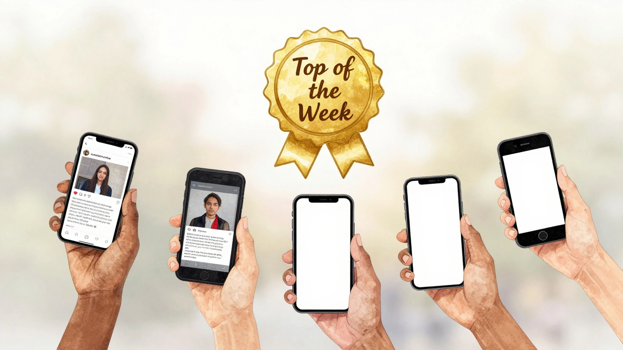 Золёная звезда 'Топ недели' над телефонами с личными историями участников.