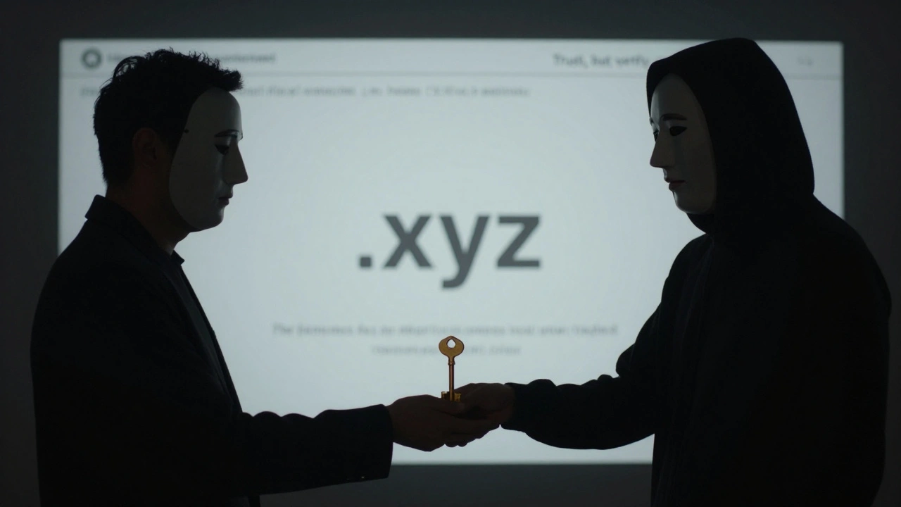 Золотой ключ передают теневому существу с лицом из AI-генераций, на фоне — настоящий и фальшивый веб-адреса.