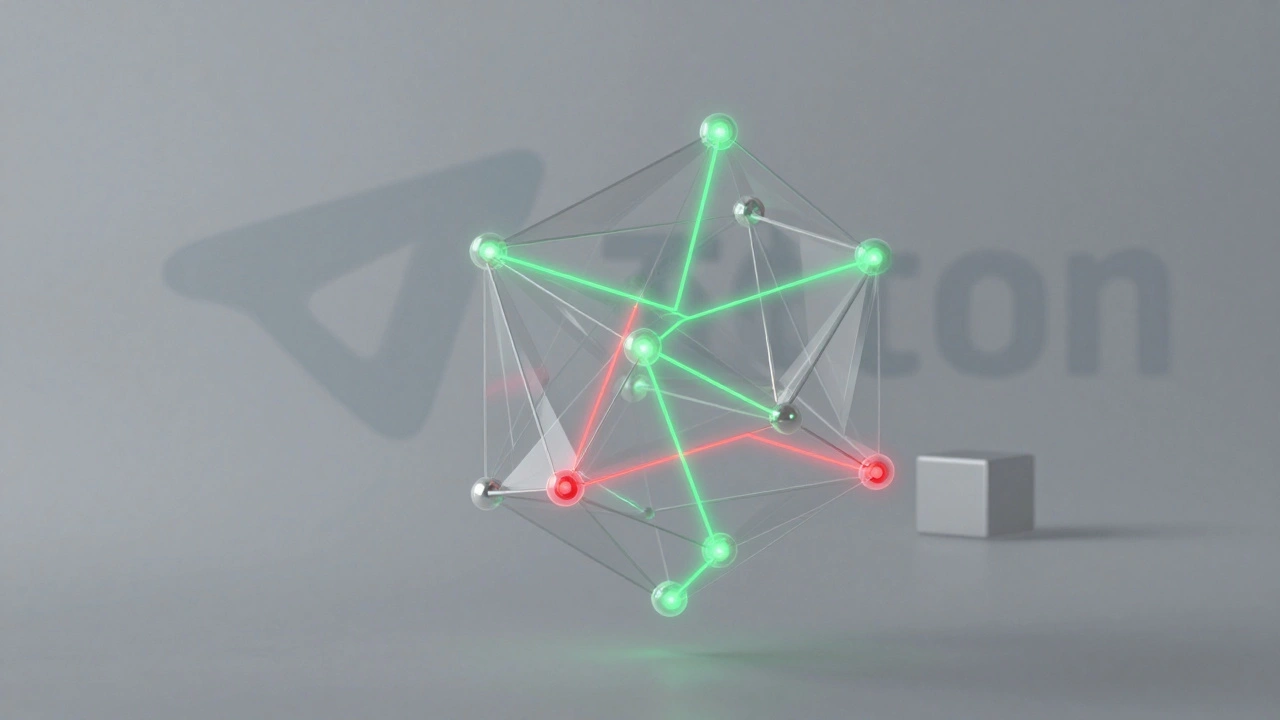 Абстрактная 3D-структура смарт-контракта TON с подсвеченными путями безопасных и подозрительных транзакций.