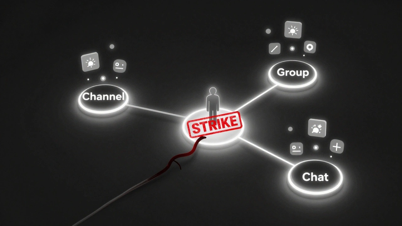 Абстрактная сеть чатов с одним сломанным соединением, отмеченным красным предупреждением.