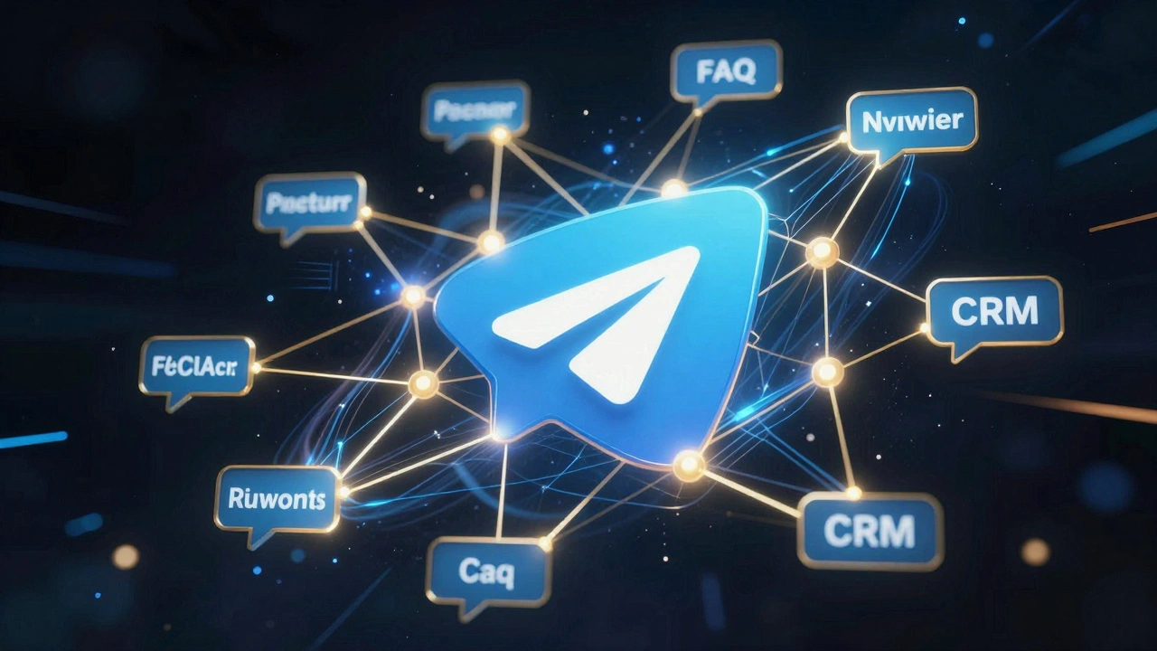 Абстрактная сеть из умных узлов, автоматизирующих заказы, FAQ и синхронизацию с CRM через Telegram.