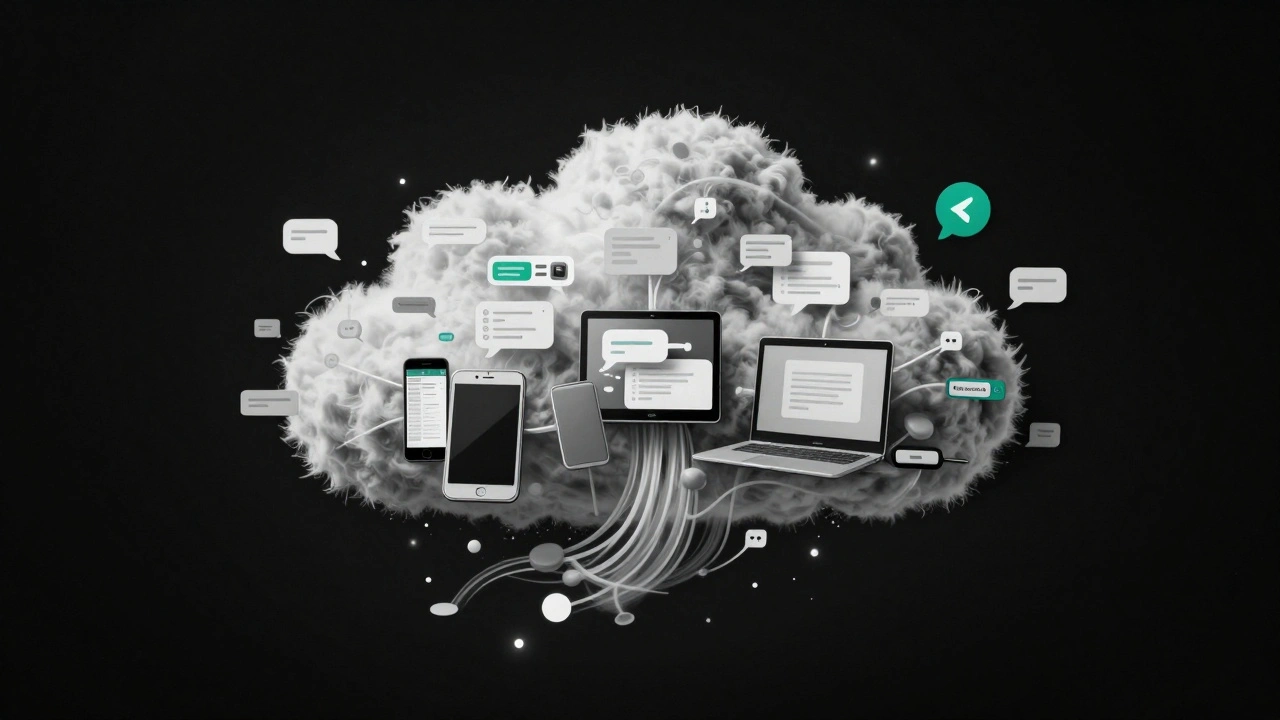 Абстрактное облако из устройств с потоками сообщений и файлов, парящих в тёмном пространстве.