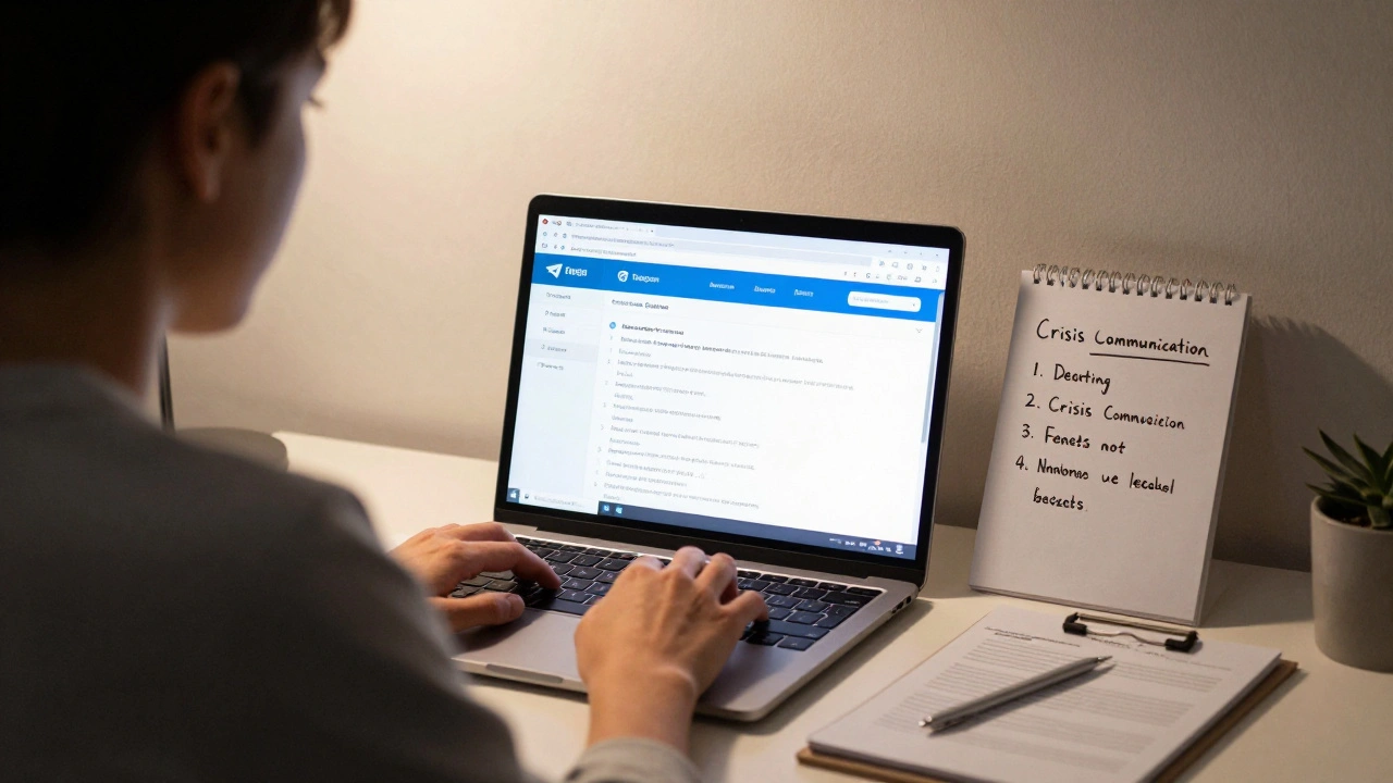 Администратор ночью работает над планом кризисной коммуникации, рядом — заметки и форма для анонимных отзывов.
