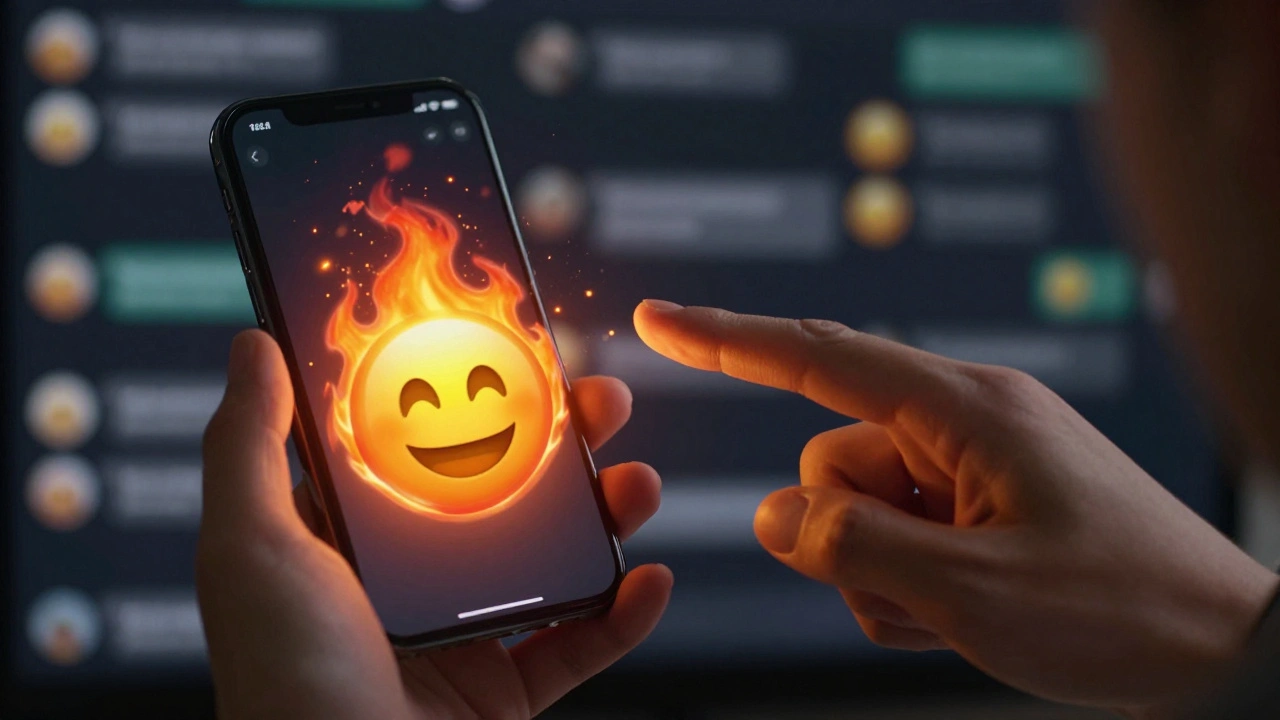 Анимированный огонь Premium динамично движется на экране, выделяясь среди статичных эмодзи в чате.