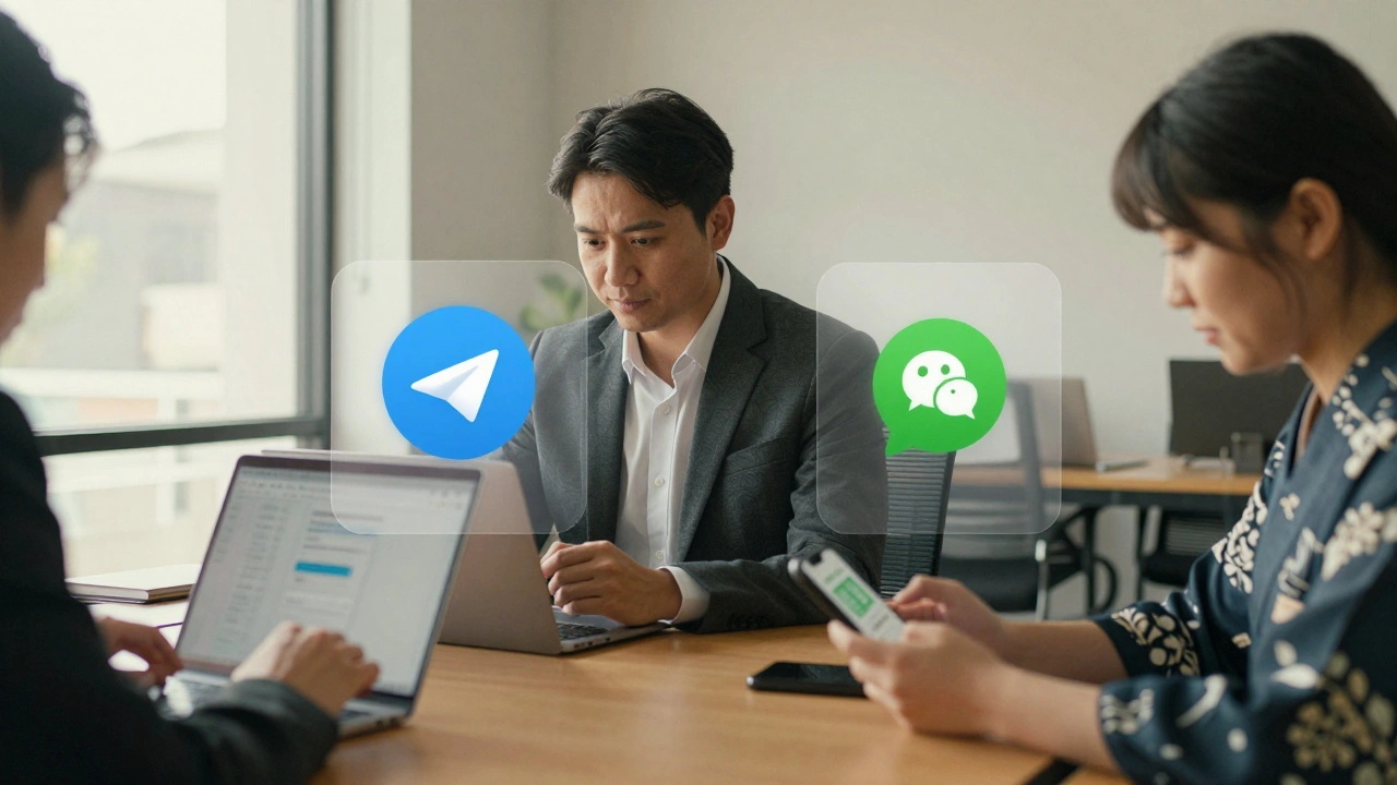 Бизнес-встреча с участниками из России, Китая и Японии, каждый использует свой любимый мессенджер: Telegram, WeChat и LINE.